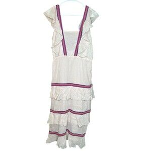 Pitusa Womens V-Neck Tiered Ruffle Maxi Dress Pastel Pink Standard Boho Festival